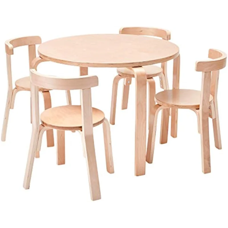 ECR4Kids Bentwood Round Table and Curved Back Chair Set, Kids Furniture, Natural, 5-Piece kids 5 piece rectangle table and chair set