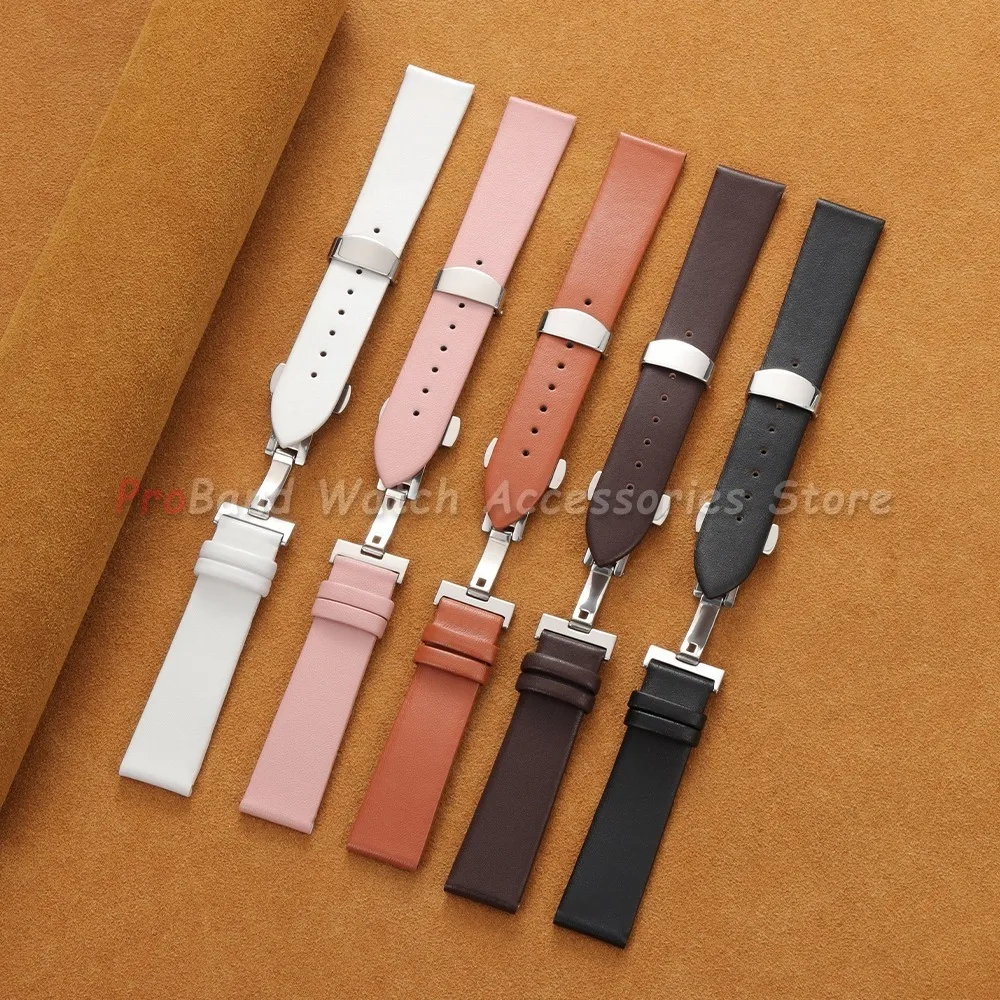 Sleek Genuine Leather Watch Band with Butterfly Buckle - Unisex Cowhide Strap
