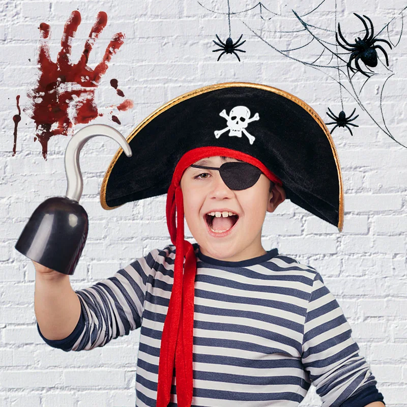 Pirate Captain Cosplay Costume Props Pirate Hat Hook Hand Flag Balloons For  Halloween Kids Birthday Party Decoration Supplies