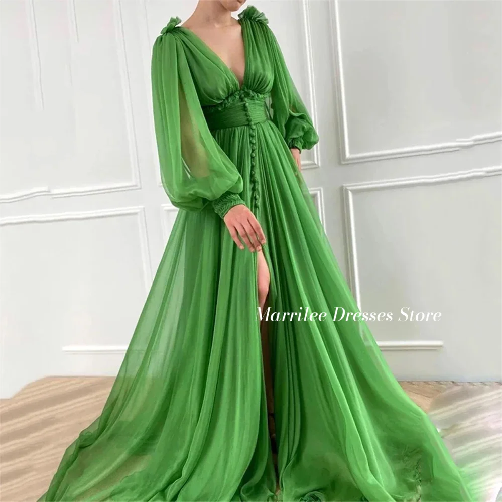 Marrilee Puffy Sleeve Pleated Chiffon Evening Dress With Button Sexy Deep V-neck Side Split A-line Floor Length Prom Gowns evening dresses