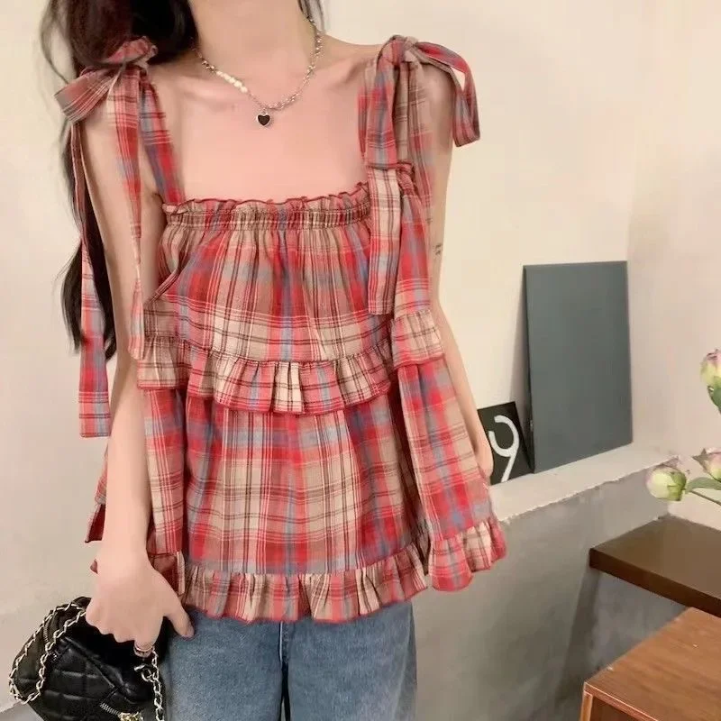 Y2K Hot Women Summer Acubi Japan Vintage Gyaru Tanks & Camis Lace Up Green Crop Top Plaid Strap Sleeveless Tank Tops Clothes