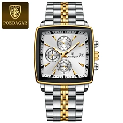 Luxury Square Sport Men's Waterproof Chronograph Wristwatch - Stainless Steel with Luminous Features (866 Gold White)