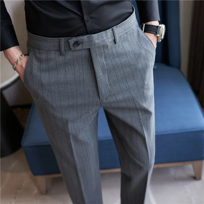 Gray Plaid Suit Pants Men's Fashion Slim Streaks Trousers Korean Navy Blue  Pantalones Hombre 28 29 30 31 32 33 34 36 38