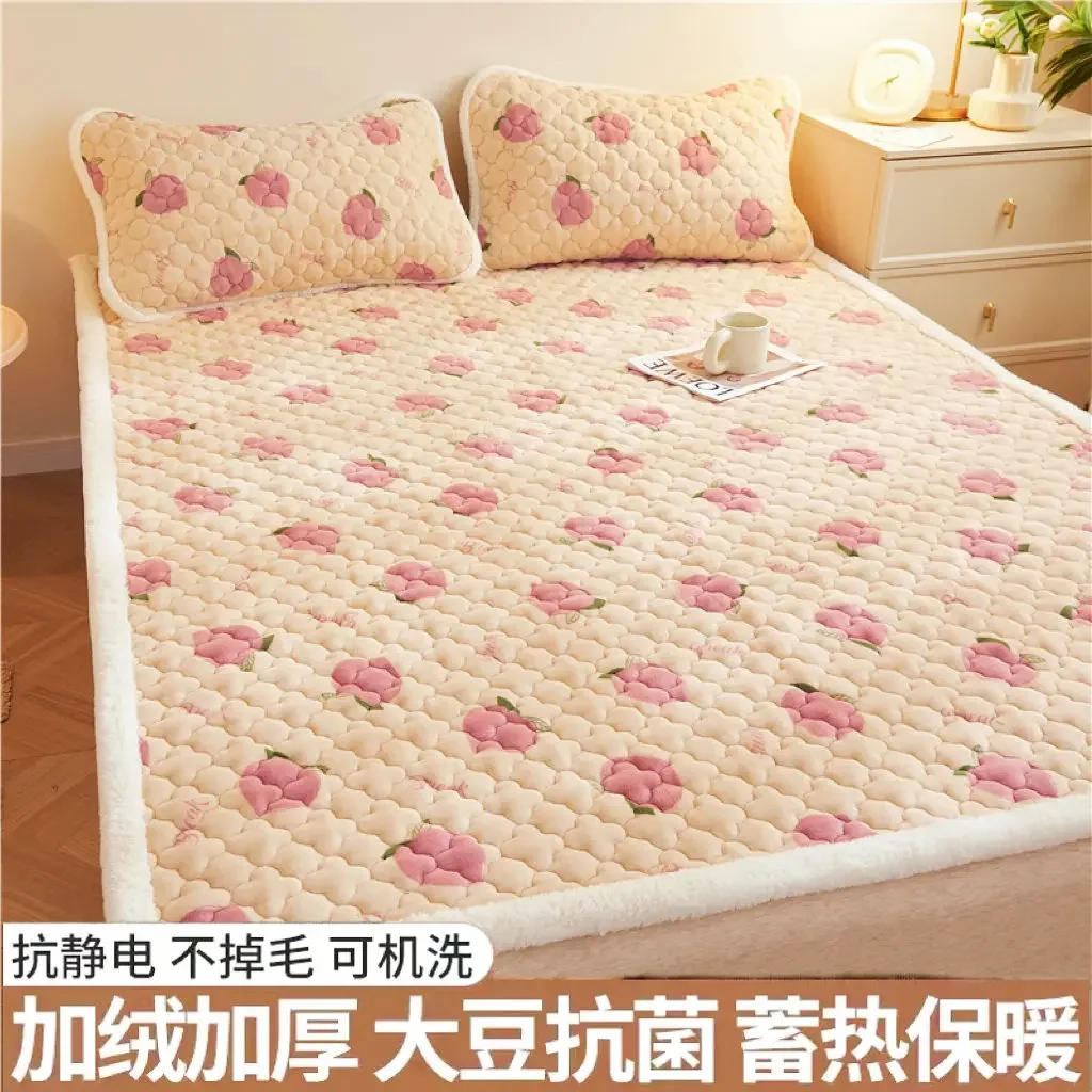 Thick Mattress Pad Warm Coral Fleece Bed Blanket Pads for Winter Solid Color Mattress Protector Cover for Double Beds