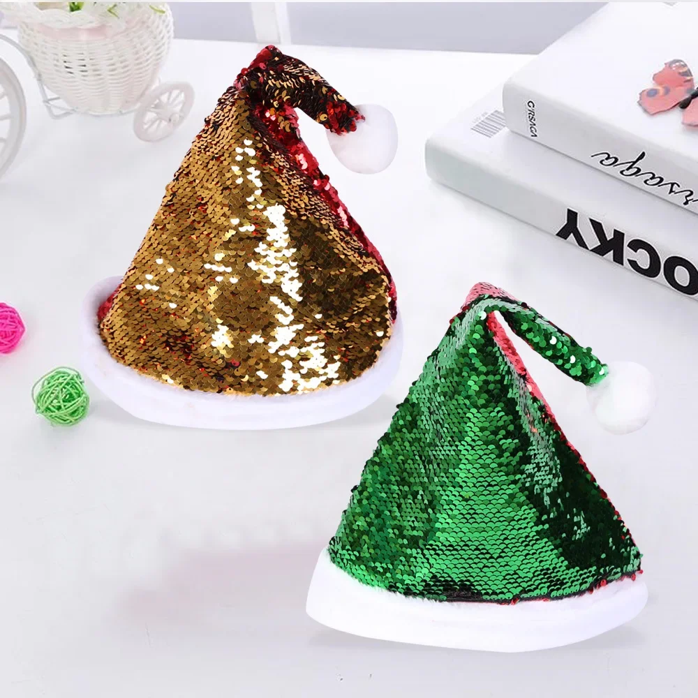 New Christmas Gold Paillette Christmas Hat Green Paillette Plush Hat Holiday Props Adjustable