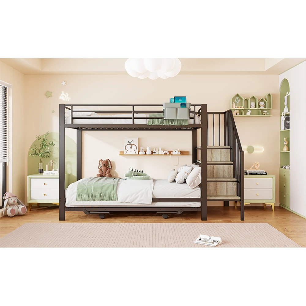 Schwarzes Metall-Eisenrahmen-Etagenbett 90×200 180×200cm Multifunktionales Ausziehbett mit Aufbewahrungstreppen & Stofftasche Platzsparend – Detail 21