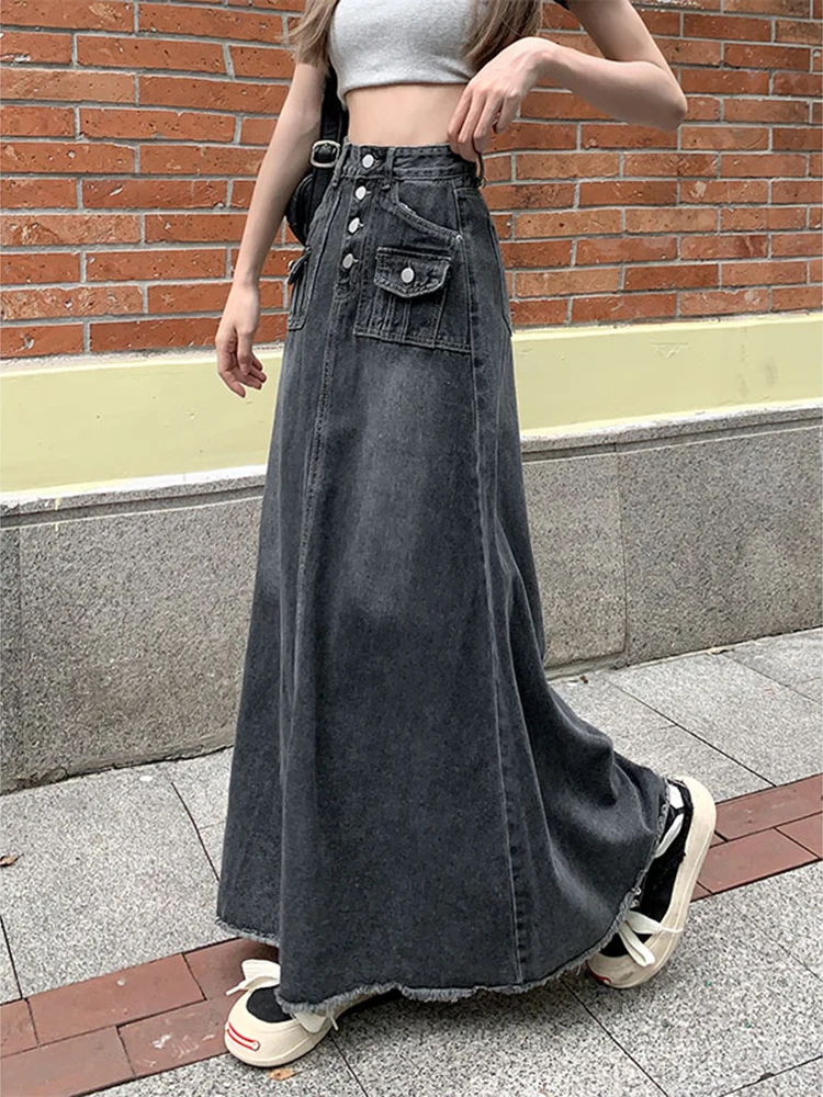 

Женская длинная джинсовая юбка в стиле ретро, синяя отбеленная джинсовая юбка большого размера с бахромой и высокой талией, Y2k