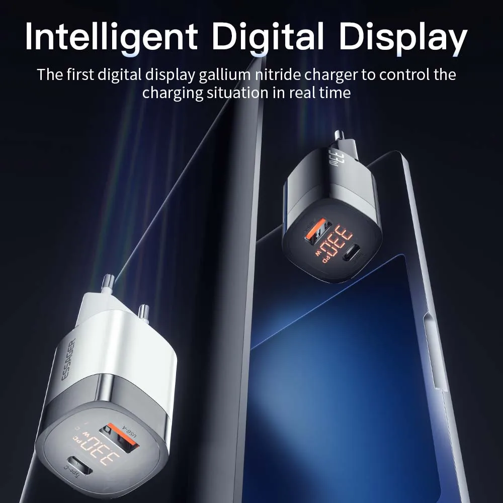 Essager 33W GaN USB Fast Charge Charger PD Digital Display USB C Charger For iPhone 14 13 Pro Max Xiaomi Samsung Phone Charger