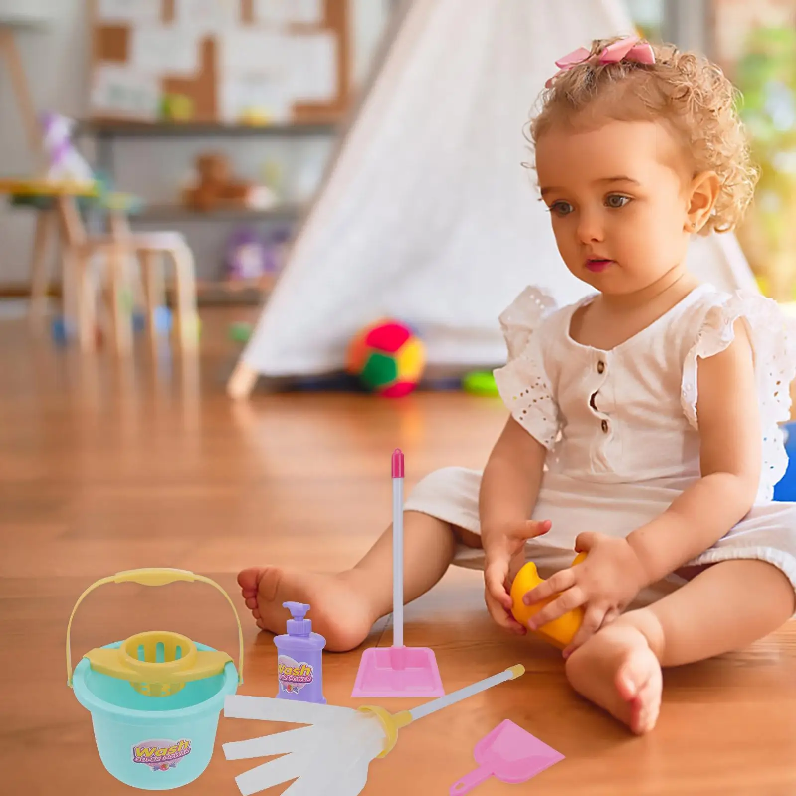 7Pcs Colorful Cleaning Toys Set Dustpan Broom Pretend Housework Toy Childrens Imitation Tool Housekeeping Plaything