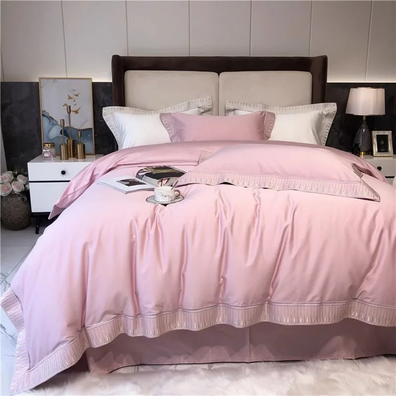 

2024 High-end Light Luxury Style Long-staple Cotton Four-piece Set Pure Cotton New Sate Embroidery Quilt Set Bedding Pink Color