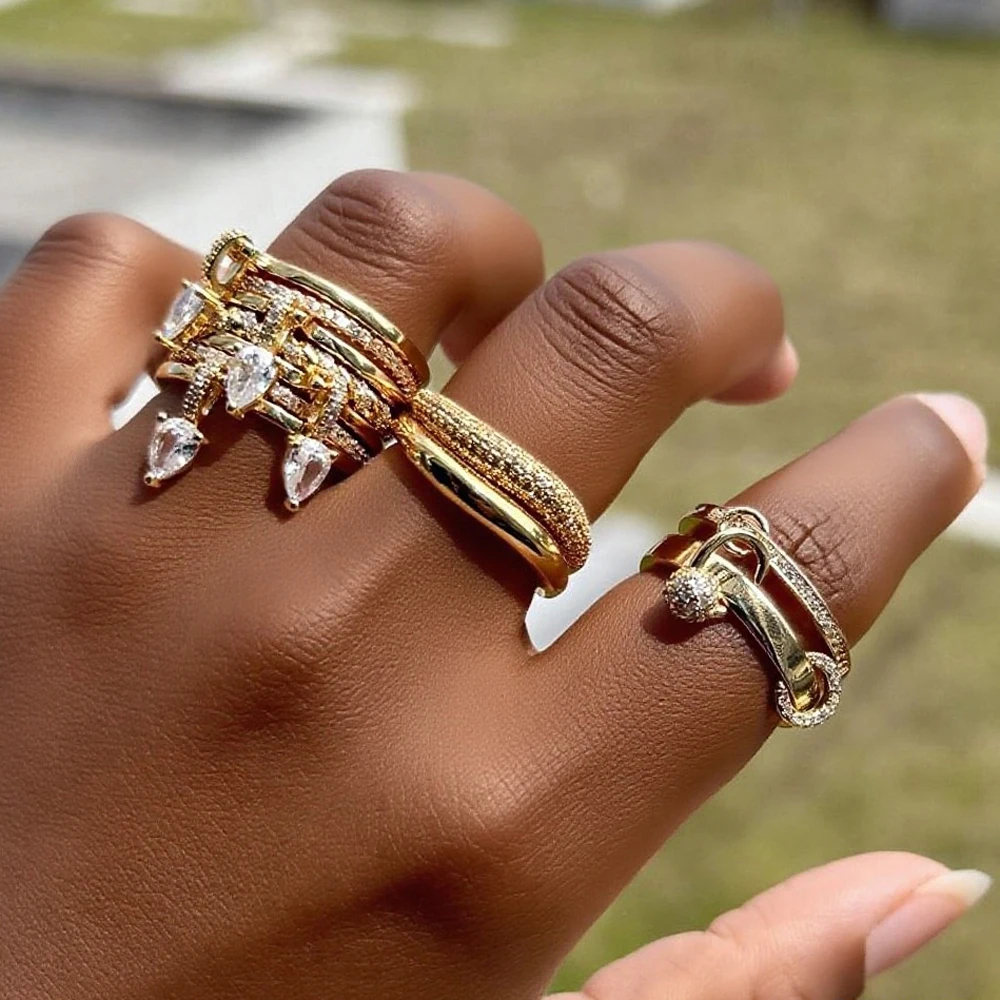 1 Piece Personalized Water Drops Tassel Link Chain Ring Fashion Style Bling Zirconia Gold Color Evening Finger Ring Jewelry