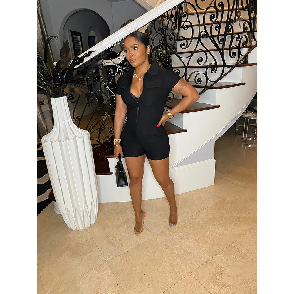 Women's Solid Color Jumpsuit 2023 Summer New Zipper Pocket Cargo Shorts Fashion Casual Romper One Piece Party Clubwear
