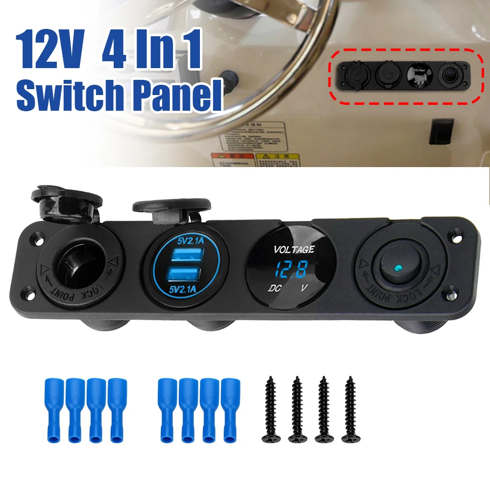 

12V Power Adapter 4 In 1 Switch Panel Boat Marine Voltmeter Tester Car USB Chargers 3.0 Cigarette Lighter Socket Light Toggle