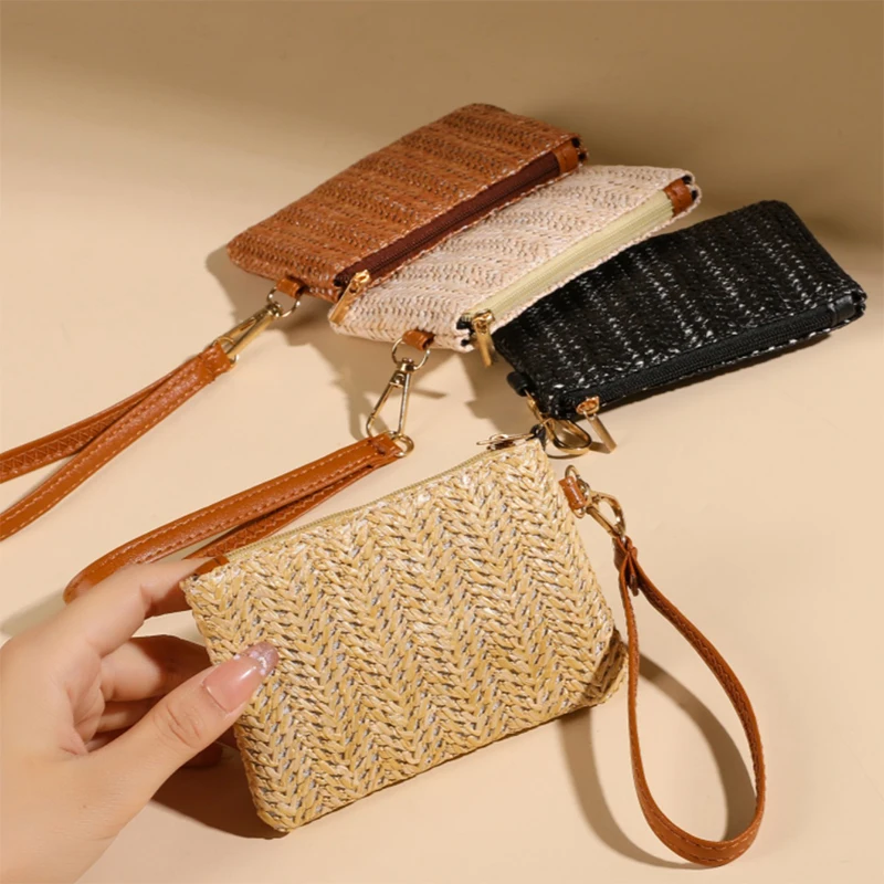 Solid Color Straw Bag Fashion Ladies Wristlet Wallet Portable Coin Purse Holder Bag Lipstick 1PC