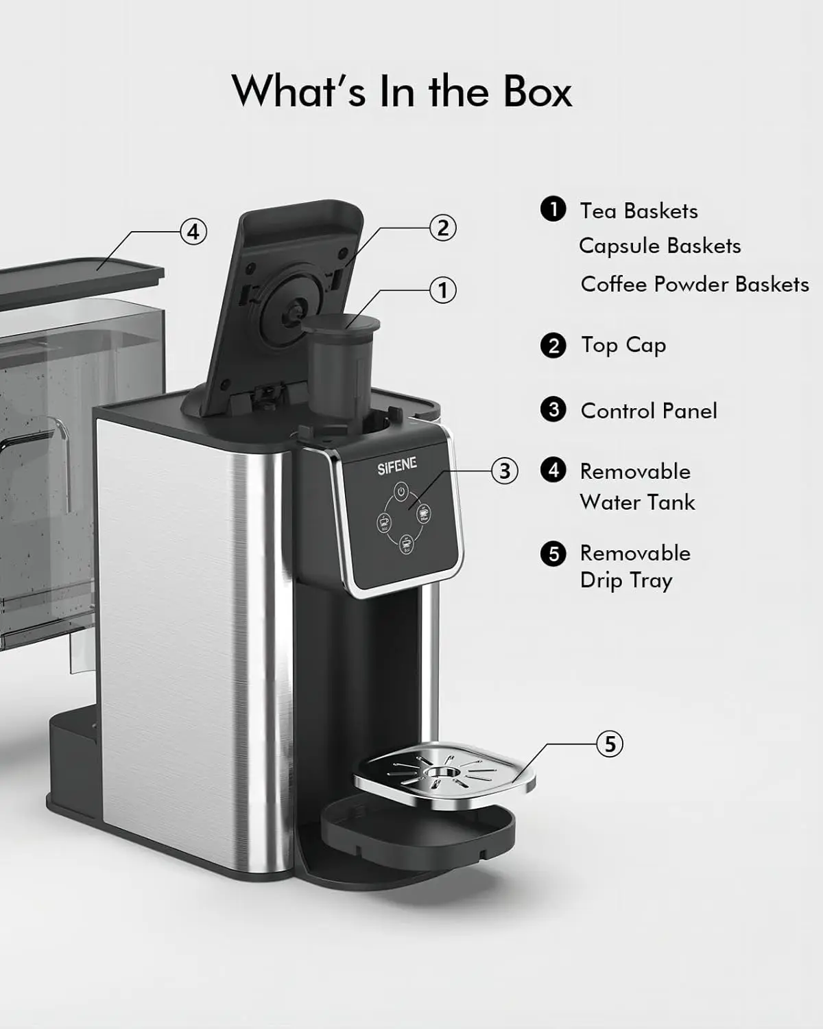 SIFENE Single Serve Coffee Maker, 3-in-1 Quick Brew for Coffee Pods, Ground Coffee, & Loose Tea, 1150W, Compact, Black 4