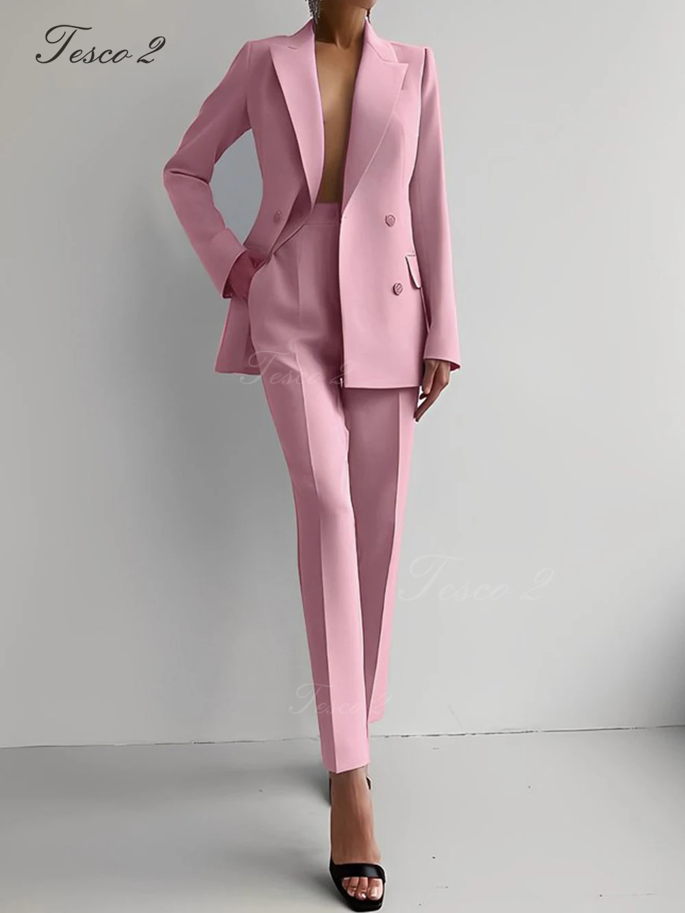 Tesco 2 Spring Summer Suit For Women Peak Lapel Bouble Breasted Wedding Party Suit Long Pantsuit Elegant Business Office Suit
