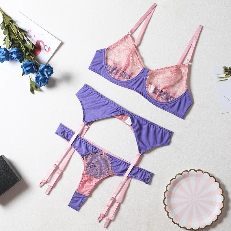 Satin Patchwork Slip Lingerie Sexy Lace Delicate Underwear 3-Piece Bra Kit Push Up Garters Erotic Seamless Bilizna Set
