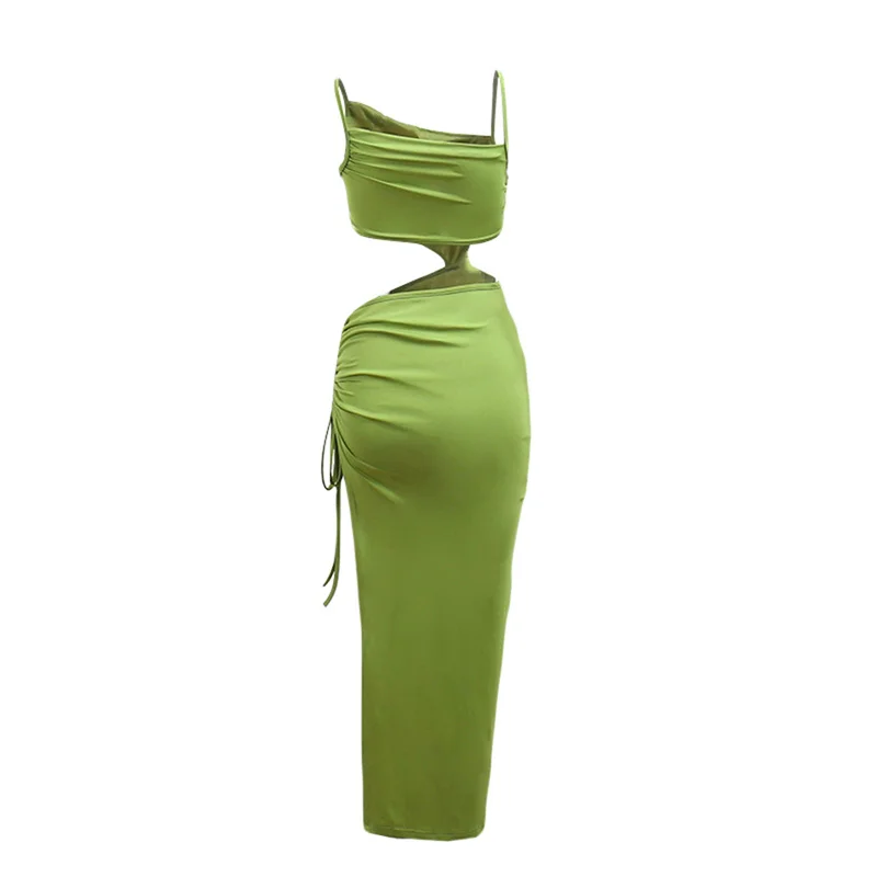 Slit Dress y2k Clothes Women Sexy Hollow Out Spaghetti Strap Sleeveless Midi Dress with Drawstring Beach Party Dresses