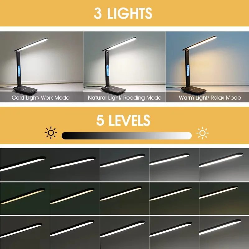 LAOPAO 10W QI Wireless Charging LED Desk Lamp USB Charging Port Sliding Dimmable Auto Timer with Night Light Table Lamp 6