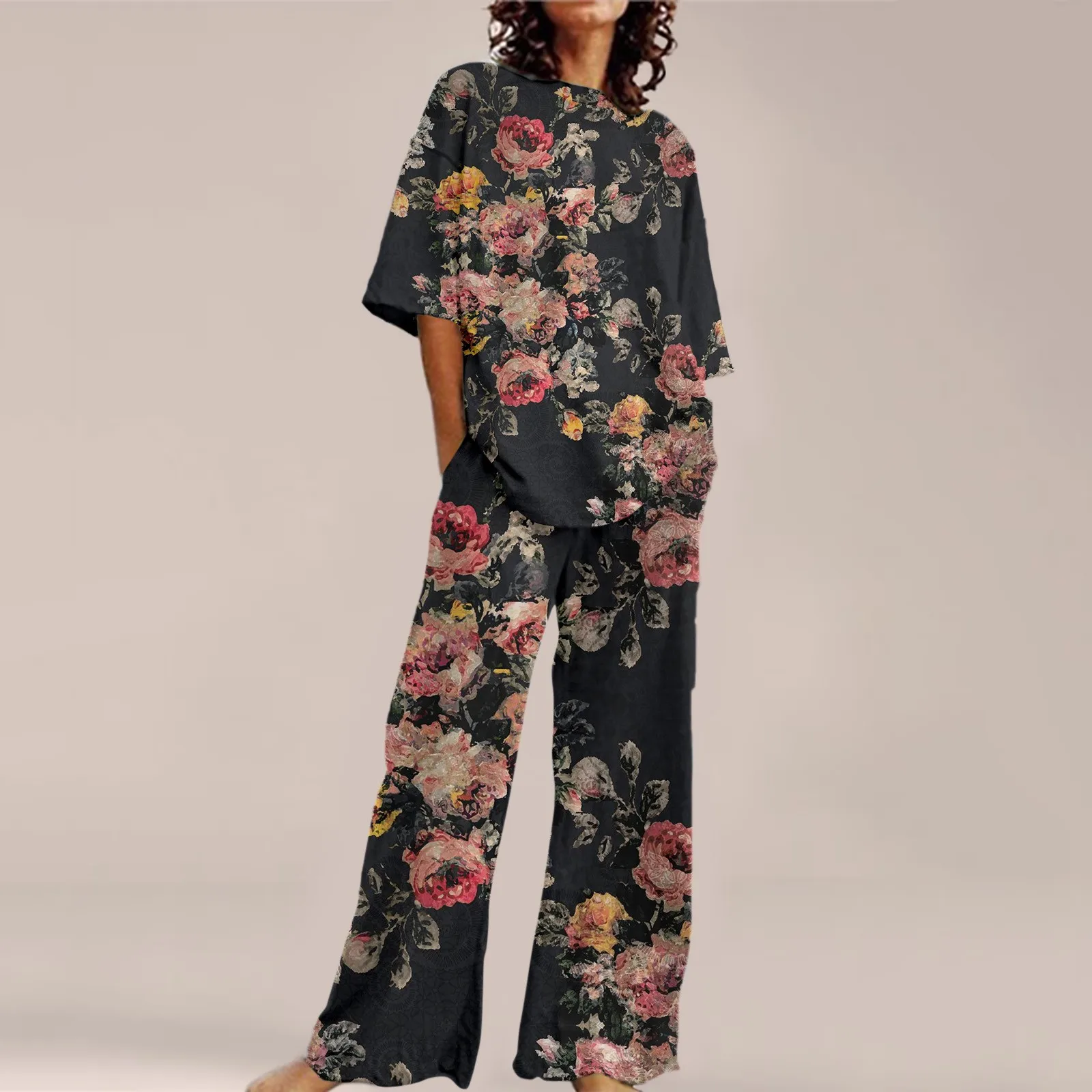 

Pantsuit Vintage Flower Print Trousers Suit Women Loose Top Wide Leg Pockets Pantsuit Oversize Beach Holiday Two Piece Outfits