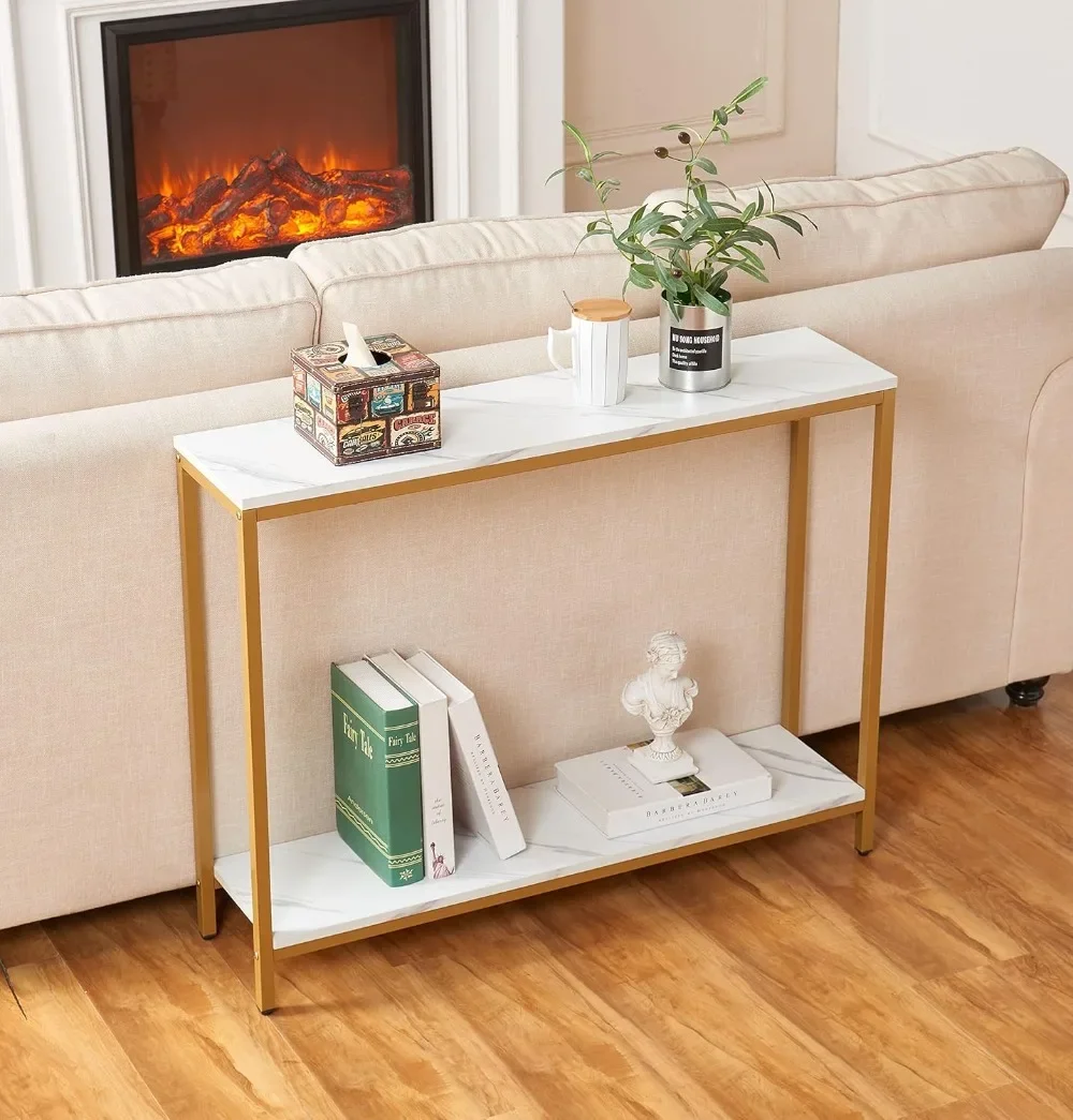 Console Table for Entryway, Faux Marble MDF Sofa Table with Golden Frame (Double Layer, White Marble) 6