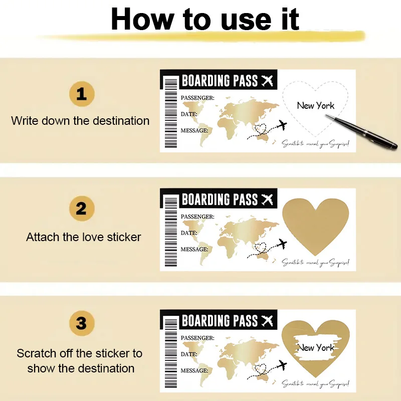 1Set Boarding Pass Scratch Off Game Card with Envelope Travel Ticket Surprise Gift for Wedding Birthday Party Christmas Holiday