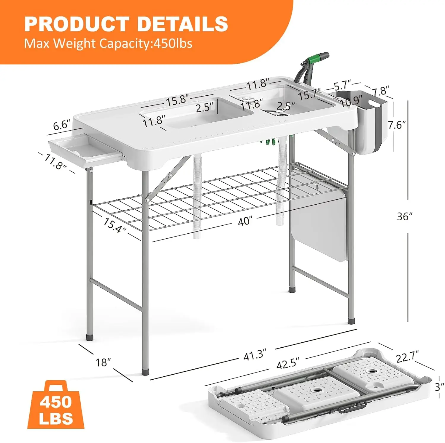 Folding Fish Cleaning Table with 2 Sinks 2