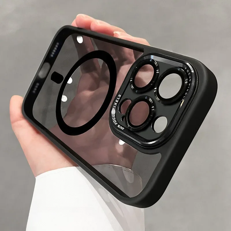 Luxury Magnetic Metal Lens Bumper Protection Case with Magsafe Acrylic Translucent Cover