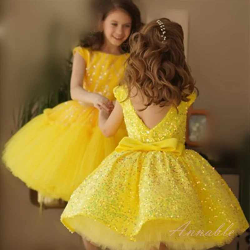 

Annabelle Baby Girl Dresses For Wedding Party Puffy Sequin Ball Dress Backless Princess Dress With Bow Kids Birthday Party Gown