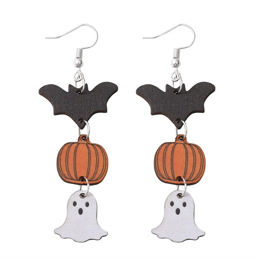 

New Halloween Earrings Witch Ghost Pumpkin Bat Earrings Personality Double Sided Wood Ear Rings Woman Girl Holiday Birthday Gift