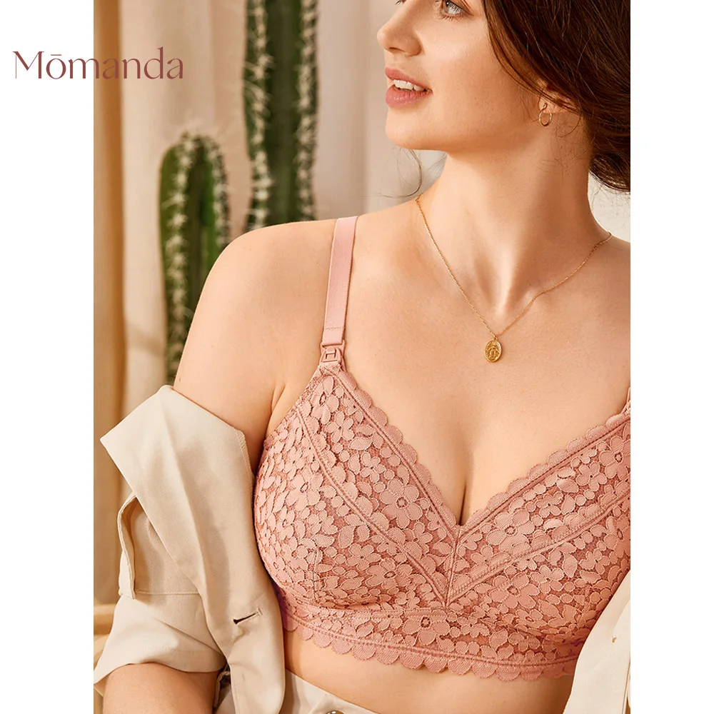 MOMANDA Hands Free Pumping Bra Breastfeeding Maternity Wireless Lace Sexy Underwear Women's Nursing Bra All In One DD E F