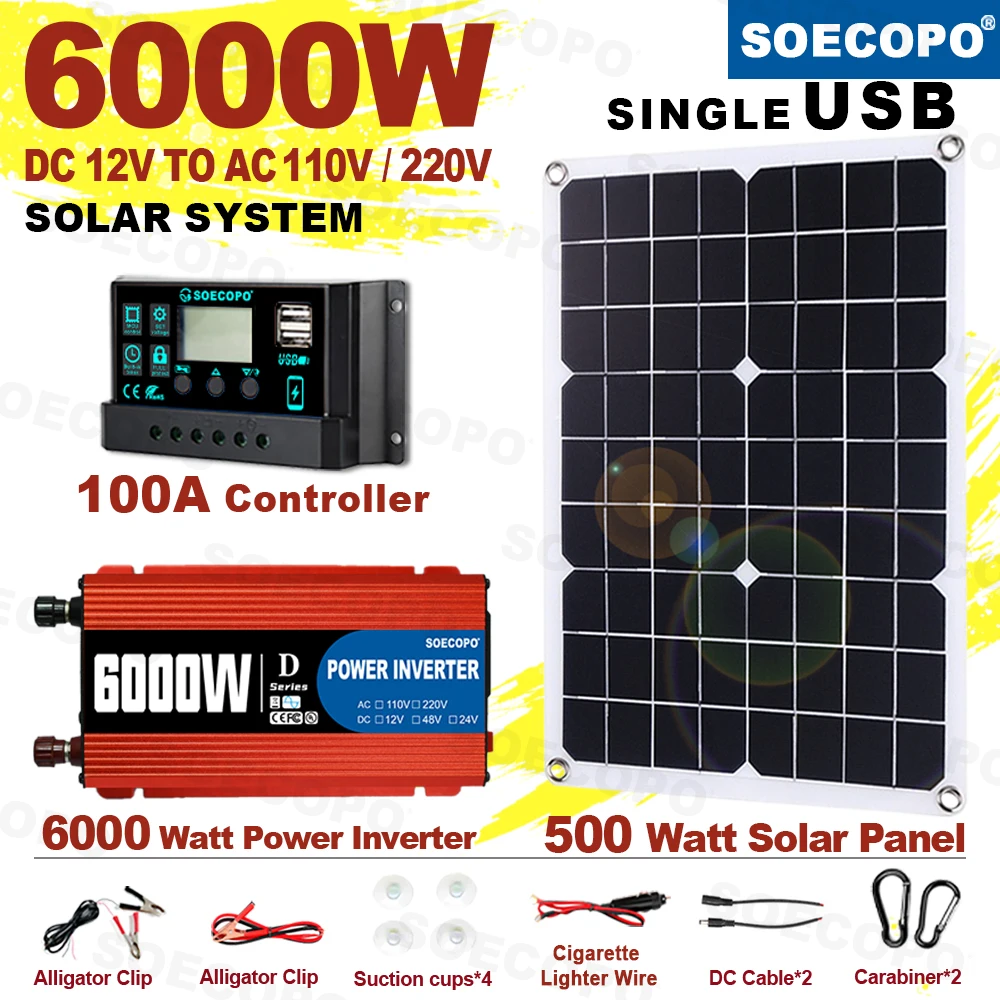 6000W Solar Power System 500W Panel 100A Controller Alligator Clips Carabiner Hooks 12V to 110V220V Inverter For Home RV CE FCC