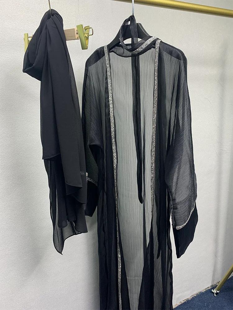 Luxurious Dubai Beaded Abaya Set with Belt Black Hijab 2 Piece Moroccan Kaftan Stylish Arabic Caftan for Wedding Evening