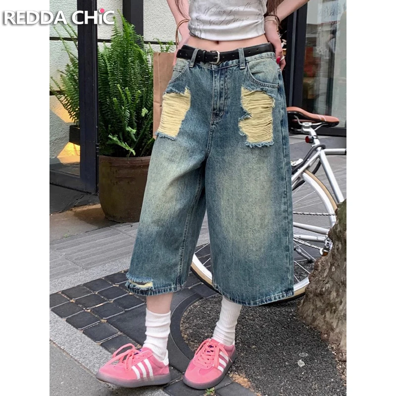 

REDDACHiC Ripped Baggy Jeans Jorts Women Vintage Wash High Waist Frayed Casual Wide Leg Denim Short Pants Y2k Korean Streetwear