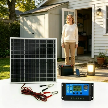 Kit Solare Portatile da Esterno con Pannello Solare Monocristallino da 12W con Telaio in Alluminio e Regolatore Solare da 12V per Camper, Escursionismo e Campeggio