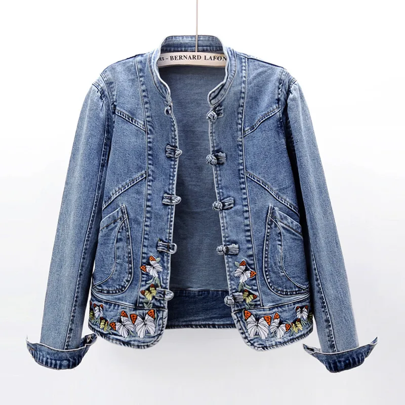 

Vintage 2023 autumn New embroidery fashion denim coat women washed blue short bomber jacket female loose Cowboy outerwear R339