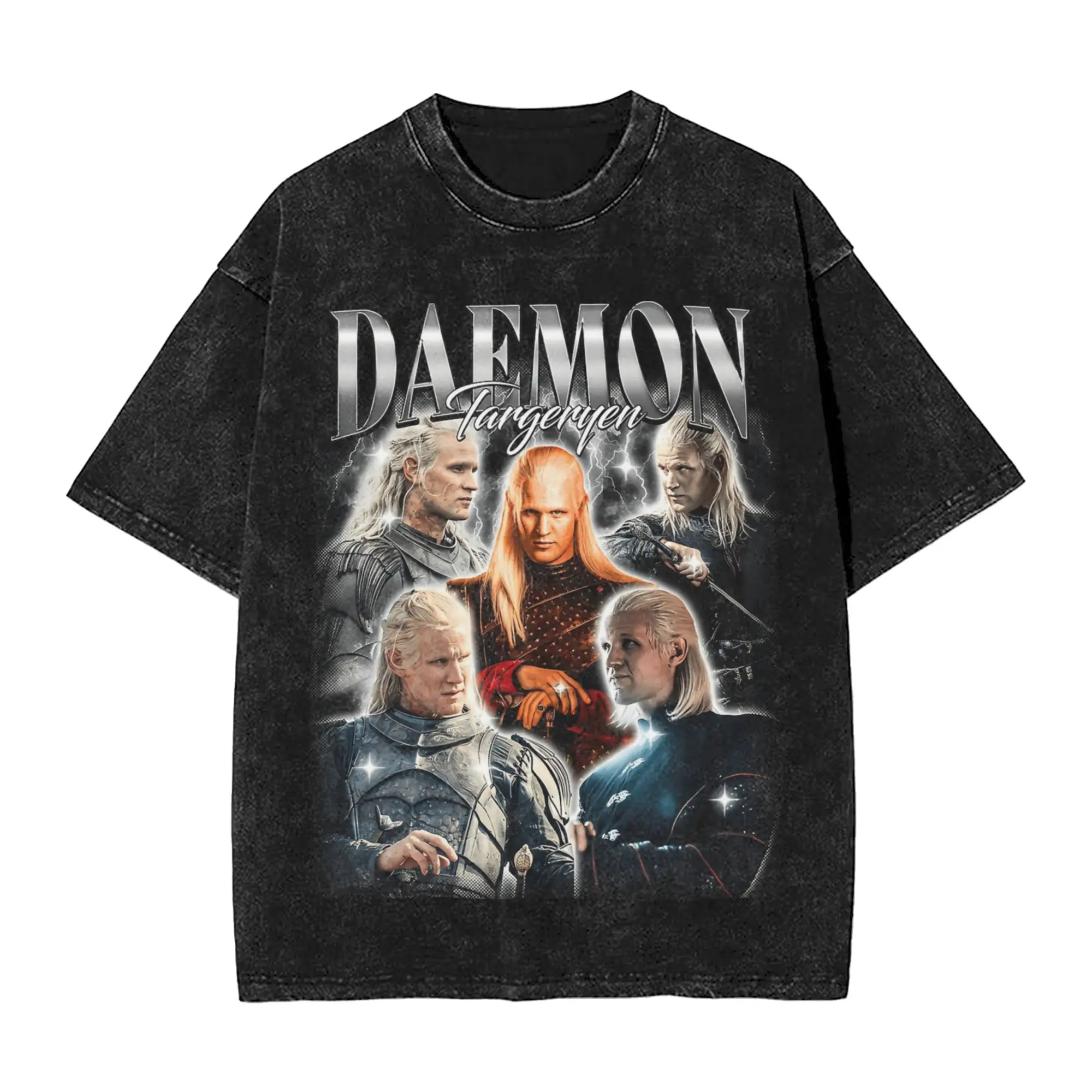 Daemon Targaryen Houses of The Dragons Washed T-Shirts Streetwear Hip Hop Vintage T-Shirt Herren Baumwolle Oversize Sommer