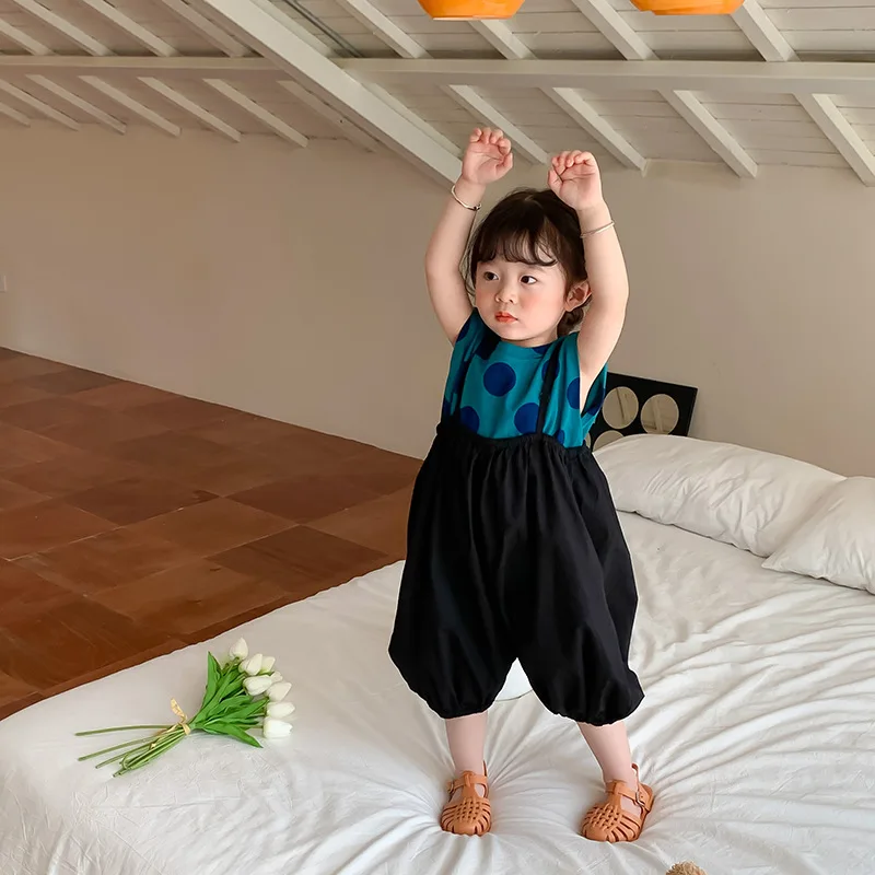 2025 Summer New Korean Baby Girls Solid Versatile Suspender Pants Children Loose Casual Overalls Kids Toddler Lantern Trousers