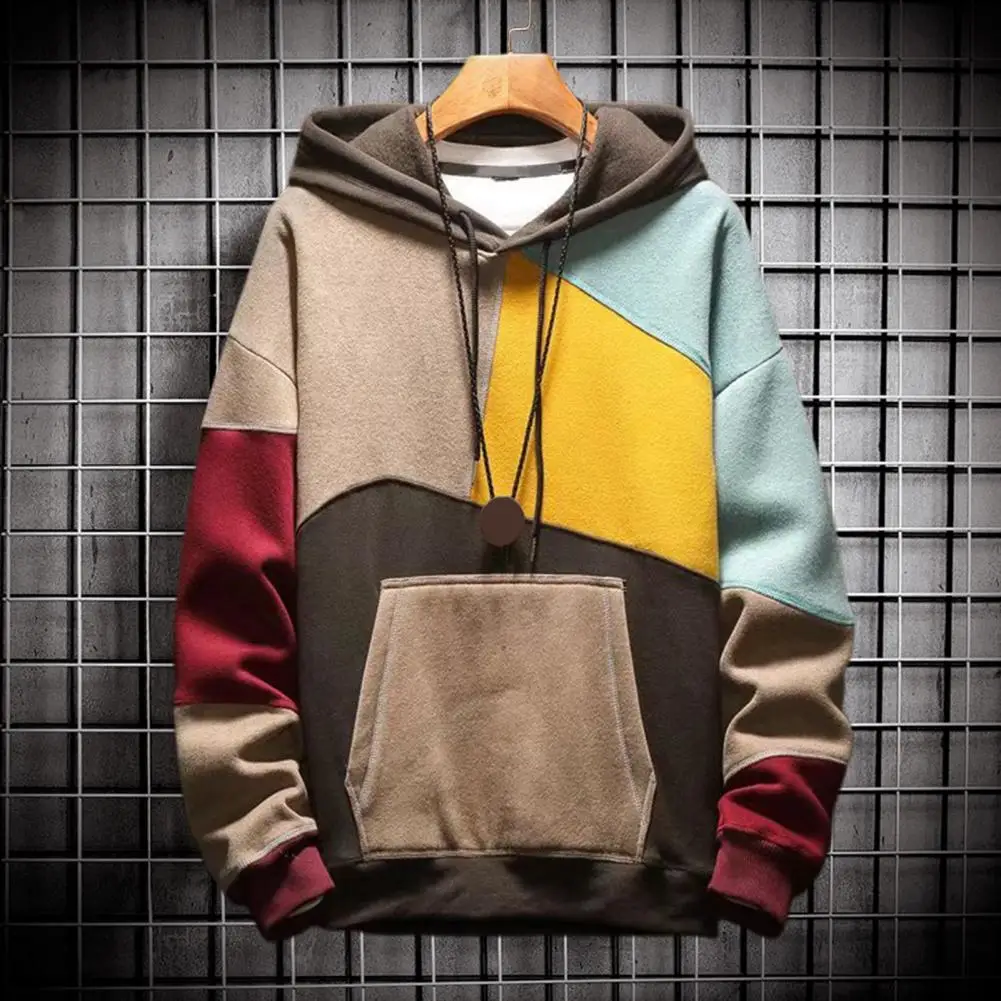 Fleece Hooded Men Sweatshirts Oversized Big Pocket Contrast Color Casual Men Hoodies Young Style Autumn Thin Fleece Hoodie Tops