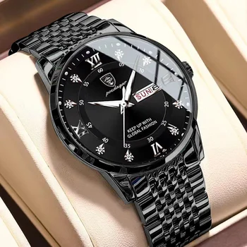 POEDAGAR Top Business Man Watch Stainless Steel Week Date Luxury Men's Watch Waterproof Luminous Fashion Quartz Watches For Men