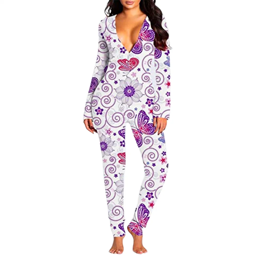 thumbnail image 1 of Pijama sexy para mujer, mono con botones en la parte delantera y trasera, con solapa en el trasero, ropa de dormir con botones para Halloween, 1 of 5