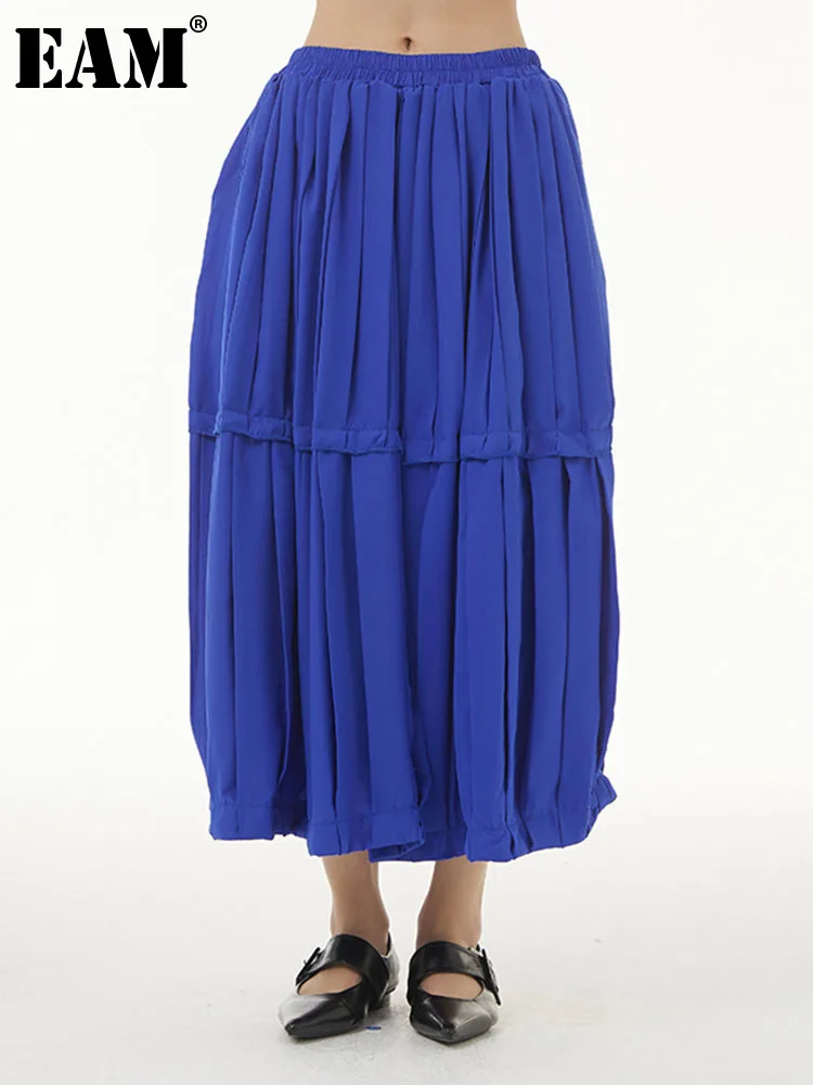 

[EAM] Women Blue Pleated Elegant Half-body Skirt High Elastic Waist Loose Casual Fashion Tide New Spring Loose 2023 1DF9190