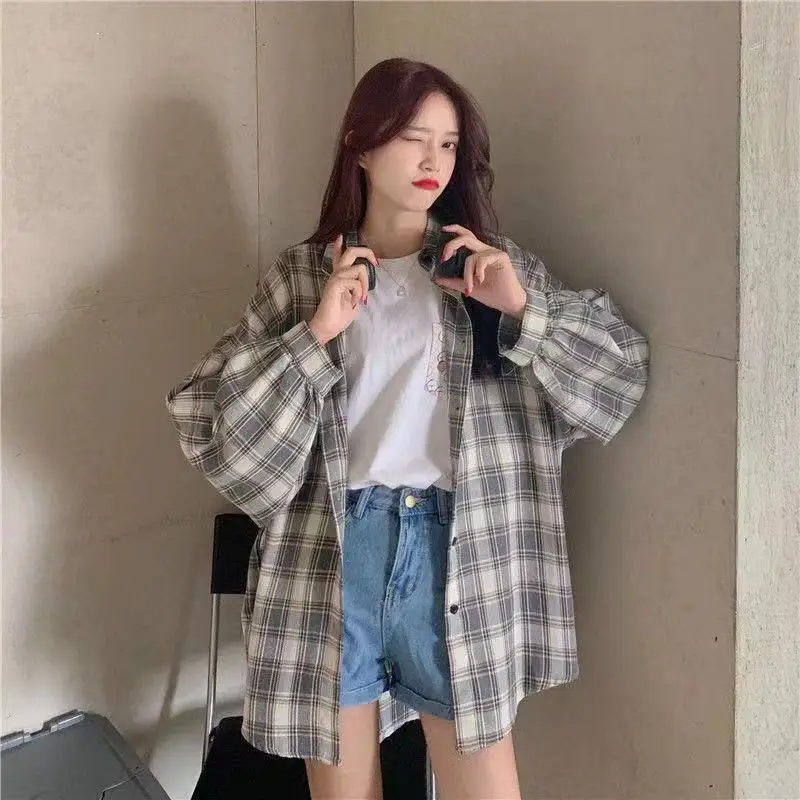 체크 무늬 셔츠 겉옷 여성 여름 봄과 가을 한국 스타일 느슨한 홍콩 맛 셔츠 외부 착용 긴 소매 탑 옷 패션