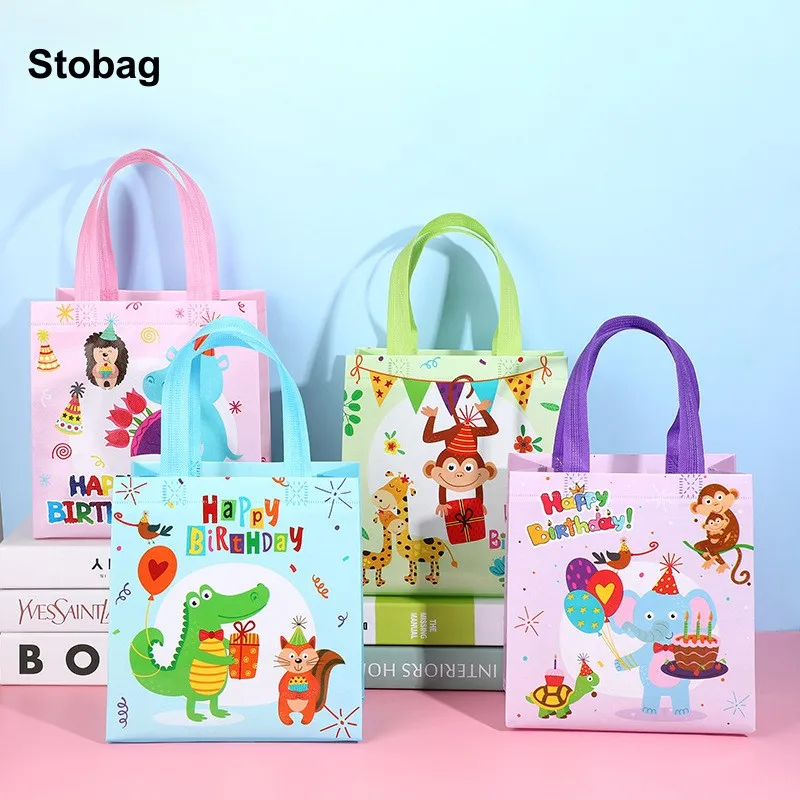 StoBag 12pcs Happy Birthday Non-woven Tote Bags Cartoon Kids Child Candy Gift Package Fabric Storage Reusable Pouch Party Favors