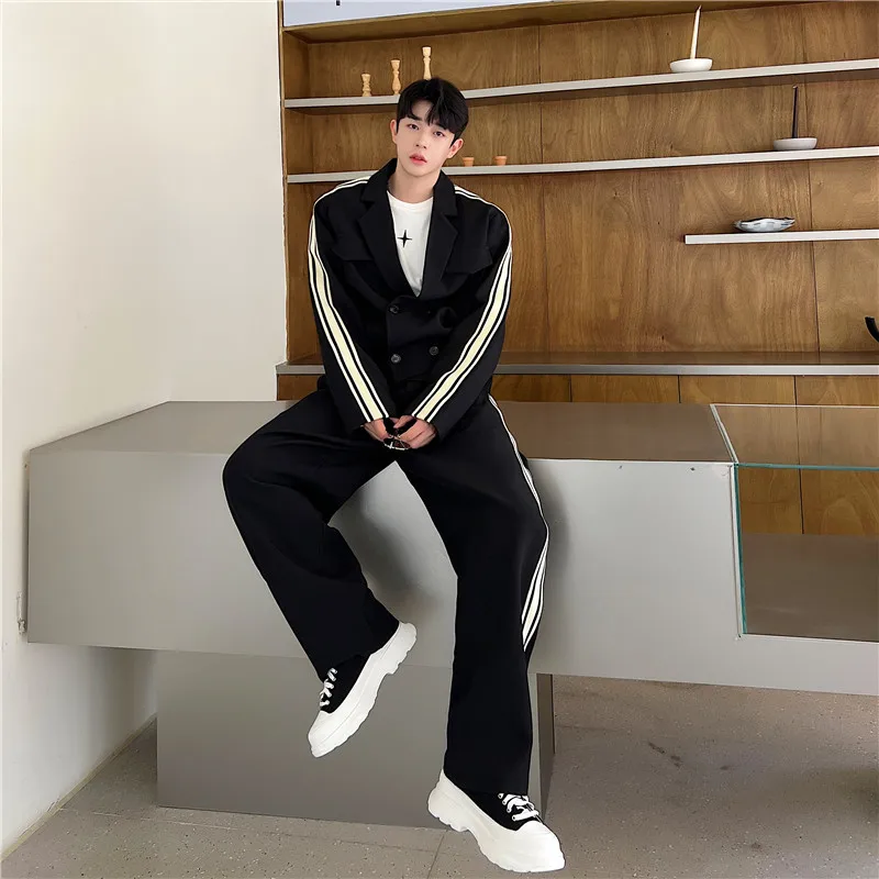 Spring 2024 High-End Men's Sets Long Sleeve Contrast Color Striped Suit Men's Fashion Wide-Leg Trousers Handsome Two-Piece Suit