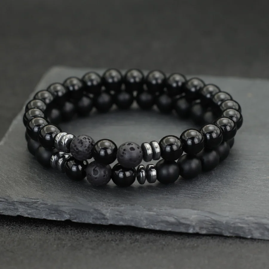 Hematite Beaded Meditation Bracelet for Men with Lava and Obsidian Stones