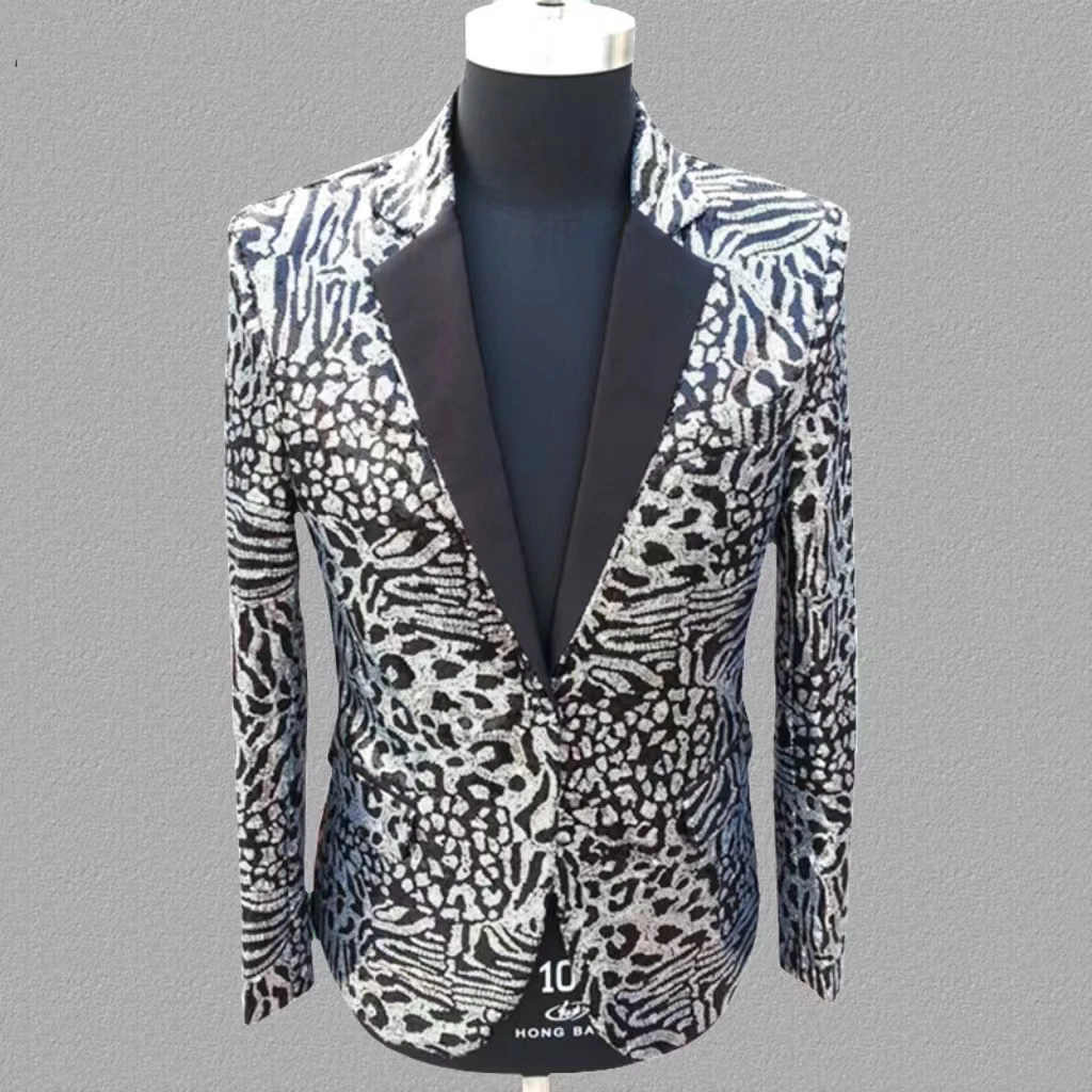 Luxury Full Men's Suit Jacket Leopard print Sequins Fashion Trends Senior Host Dress Chic Elegant Banquet Male Slim Blazer Coats