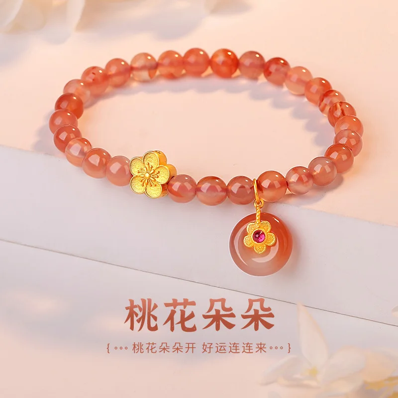 

Chinese Style Peach Blossom Agate Jewelry Sterling Silver Light Luxury Niche Design Sense Bracelet Women's New Style Girlfriend