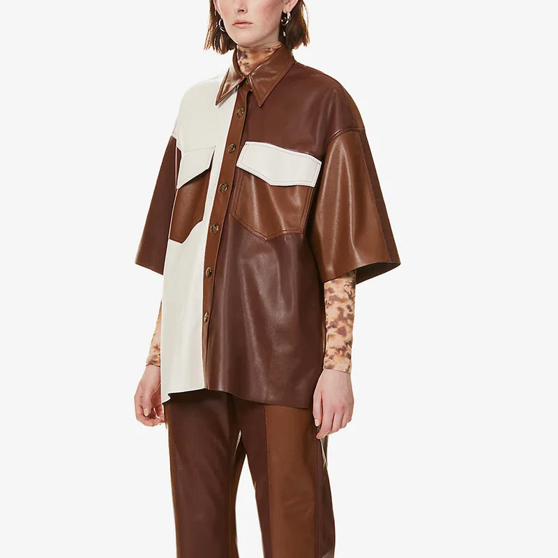 

Женская одежда из искусственной кожи с коротким рукавом и цветными блокировками, Темпераментная Женская одежда, свободные куртки для женщин, Новинка лета 2024