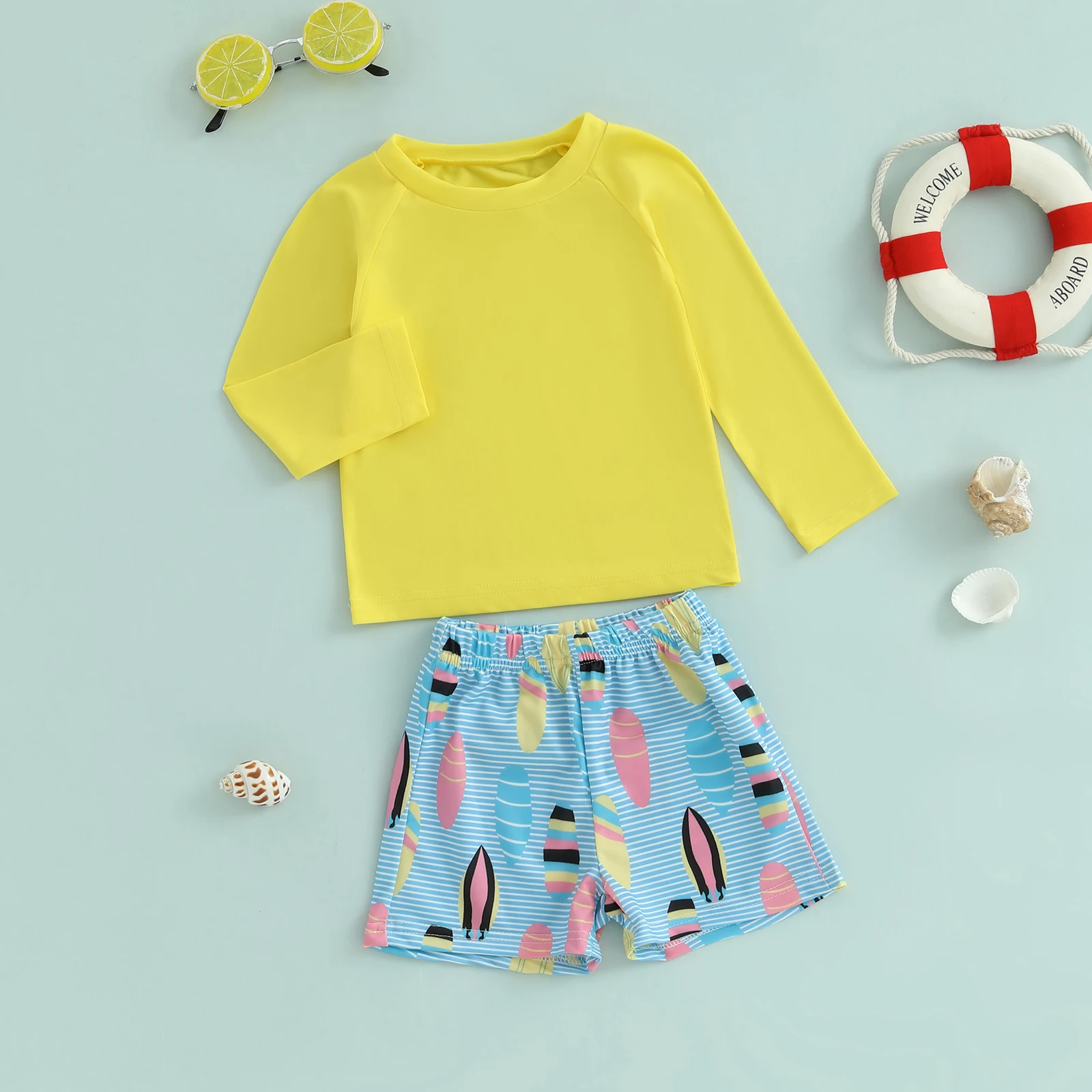 FOCUSNORM 0-3Y Summer Infant Baby Boys Rash Guard Swimsuit Solid Color Long Sleeve Round Neck Tops with Turtle Print Shorts